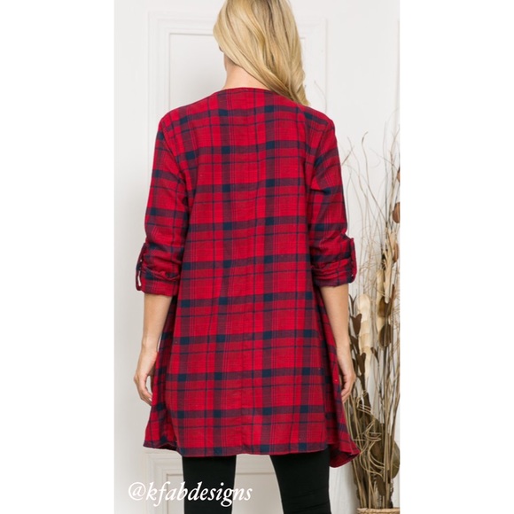 LAST! Soft Plaid Red Open Cardigan with Roll Up Sleeves! - Picture 7 of 8